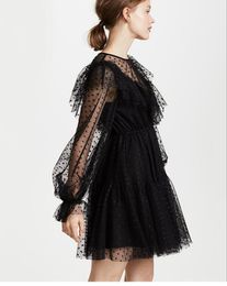 Vneck Polka Dot Wavy Perspective Ruffled Black Lace dress Lantern Sleeve High Waist ALine Jumper Skirt5347214