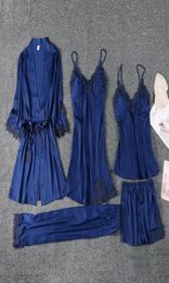 Women Sexy Lace Trim Robe Set Solid Colour Kimono Bath Gown Sleepwear 5PCS Home Wear Silky Loose Night Size MXXL74561086783453