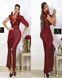 2020 Burgundy Evening Dresses Lace Feather Beads Jewel Neck Ankle Length Luxury Mermaid Prom Dresses Side Split Formal Party Gowns7672161