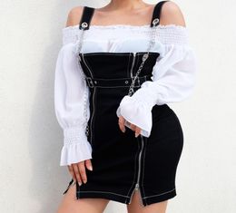 SUCHCUTE Punk Bodycon Streetwear Autumn 2018 Zipper Split Sexy Mini Dresses Metal Chain Belt Party Dress Women Black Ukraine9962552