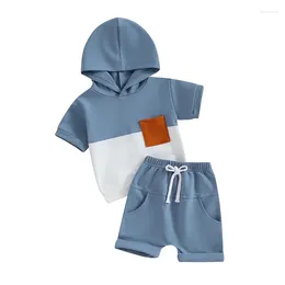 Clothing Sets Toddler Boys 2 Piece Outfits Contrast Colours Short Sleeve Hooded T-Shirt And Elastic Shorts Summer Clothes Set
