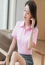 Women VNeck Short Sleeve Dress Shirts Slimfit Formal Blouses Tops Office Social Work Shirt Fashion Blusa Feminina Women039s 5864372