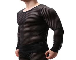 Sexy Mesh T Shirt Mens Transparent Long Sleeve See Through Striped Sleep Undershirts Muscle Perform Top Tees Nightwear 2106295344161