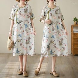 Ethnic Clothing 2024 Chinese Vintage Dress National Flower Print A-line O-neck Cheongsam Improved Qipao Traditional Folk Loose