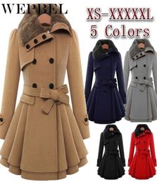 WEPBEL Womens Vintage Woolen Coat Double Buckle Trench Coats Lady Fur Collar Peacoat Winter Coat Jackets Outwear Plus Size 5XL1899181