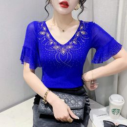 Women's T Shirts Summer Diamonds T-Shirt Women Mesh Drilling Shiny Slim Tops Ruffles Short Sleeve Casual Tees