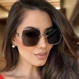 Sunglasses Oversized Square Women Fashion Brand Metal Half Frame 2024 Luxury Sun Glasses Elegant Ladies Shades Eyewear UV400