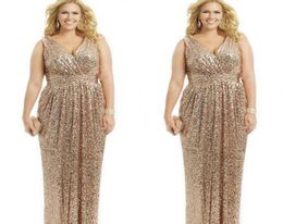 Sexy Plus Size Formal Evening Dresses Gold Sequin Sheath VNeck Capped Floor Length Party Gowns Formal Mother of the Bride Prom Dr7818115