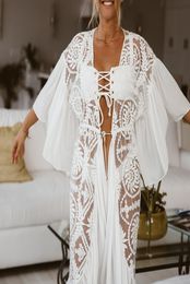 2020 White Sexy Mesh Beach Dress Women Lace Swimsuit Cover Up Female Kimono Long Beach Wear Cover Ups Pareo Bathing Suit Kaftan4095473