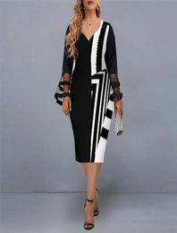 Women Dress Plus Size Elegant Mesh Stitching Color Block Long Sleeve es Black Autumn Mid Christmas Club Party 2111228198942