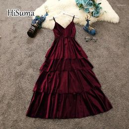 Casual Dresses 2024 Spring Women Velvet Sling V Collar Sleeveless Layer Tiered Dress Female Strap Vintage Elegant Fringed