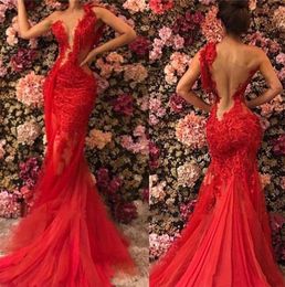 2020 Red Prom Dresses Sexy One Shoulder Sleeveless Lace Appliques Mermaid Evening Gowns Custom Made Sweep Train Special Occasion D2076332