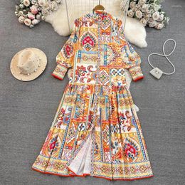Casual Dresses Fashion Runway Spring Lantern Sleeve Maxi Dress Women's Elegant Loose Stand Collar Floral Print Party Holiday Long Robes