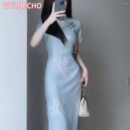 Ethnic Clothing 2024 Summer Cheongsam Improved Elegant Qipao Daily Slim Fit Blue Gentle Comfortable Long Vintage Dress