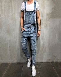 2019 Fashion Mens Ripped Jeans Jumpsuits Street Distressed Hole Denim Bib Overalls For Man Suspender Pants Size MXXL5717000