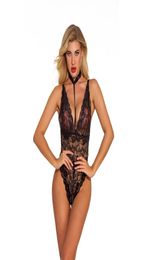 Wome Sexy Plunging Neckline Collared Eyelash Lace and Mesh Teddy Bodysuits with Fixed Straps Classic Sleepwear Lingerie Teddies S9157890