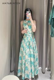 Casual Dresses Women's Summer 2024 Vacation Style Round Neck Sleeveless Printed Slimming Maxi Dress Female Elegant Fashion Long