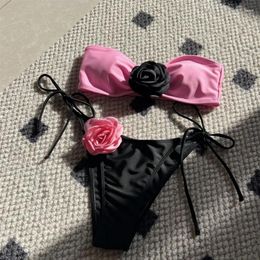 Women's Swimwear Womens Strapless Bikinis Set 3D Flower Two Pieces Split Lace Up Bathing Suit Sexy Bandeau Swimsuit Beachwear