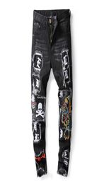 Designer Fashion Street Mens Biker Denim Jeans Pants Embroidered Hip Hop Hole Straight Slim Black Trousers5089921