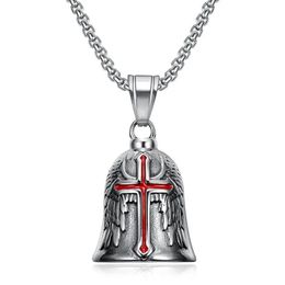 Fashion Charm Mens New 14K Gold Cross Angel Wings Knight Bell Motorcycle Necklace Pendant Motorcycle Jewellery Gift