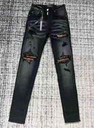 HM5611 High quality Mens jeans Distressed Motorcycle biker jean Rock Skinny Slim Ripped hole stripe Fashionable snake embroidery 8786673