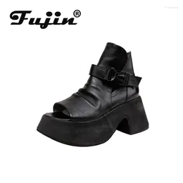 Boots Fujin 8cm Fashion Summer Hollow Chimney Shoes Cow Genuine Leather Sandals Buckle Ankle Booties Women Peep Toe Moccasins