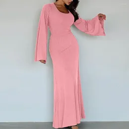 Casual Dresses Back Strap Decor Dress Elegant U Neck Maxi A-line Silhouette Slim Fit Long Horn Sleeves Detail Lace Up Design