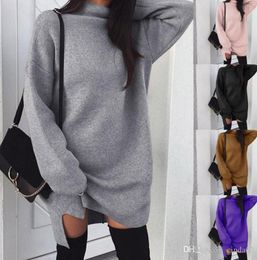 Women Autumn and Winter style High neck Sweater Dress Solid Coloured Loose Long Knitting Slit Dress Turtlenecks For Lady2277281