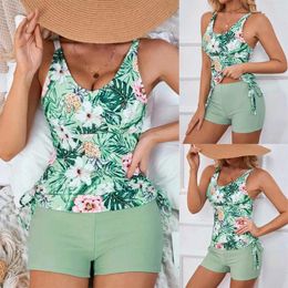 Conservative Tankinis Women Spaghetti Strap Deep V Neck Floral Printed Vacation Beachwear Boyshorts Summer Bathing Suits