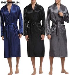 Fashion Silk Satin Mens Sleepwear Robe Long Sleeve Autumn Long Bathrobe Lightwear Removable Belt Pockets Gown Pajamas4985860