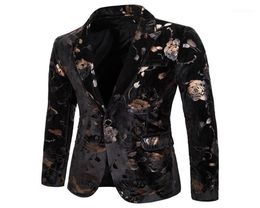 Mens Hipster Black Gold Rose Floral Bronzing Blazer Jacket Nightclub Men Suit Wedding Stage Singer Prom Slim Fit Blazers3189277