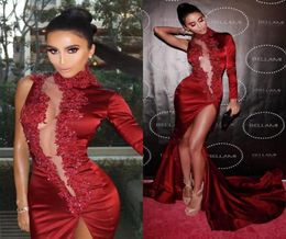 Latest Long Sleeves Mermaid Evening Dresses 2018 High Neck Beads Lace Appliques Side Split Party Dress Dubai Prom Gowns Glamorous 7077234