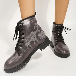 Boots Lace-up Motorcycle Female Fashion Print Chunky Heels Ankle Women Shoes Ladies Booties Women's Size 35-46