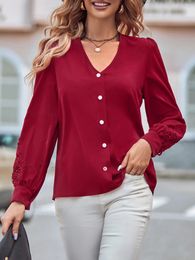 Women's Blouses Spring Autumn Fashion Solid Long Sleeve Shirt Women Loose Single Breasted V Neck Top Office Lady Elegant Lace Hollow