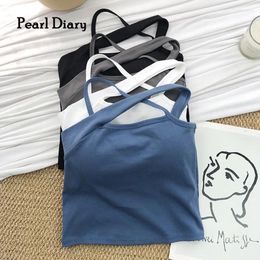 Women's Tanks Pearl Diary Women Design Crop Tops Summer Solid Color One Shoulder Cross Back Knit Sexy Bra With Inner Pad