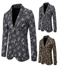 Suits Blazers Men039s slim fashion spider web gilt print suit dress show coat x1373845134