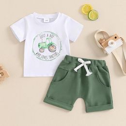 Clothing Sets Toddler Boys Summer Outfits Letter Farm Tractor Print Short Sleeve T-Shirts Tops Elastic Waist Shorts 2Pcs Clothes Set