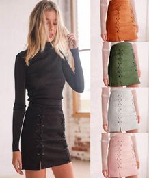 Whole Women Leather Suede Pencil Skirt Black Mini Skirt 2017 Summer High Waist Short Bodycon Lace Up Skirts Sexy Split Skirts1083723