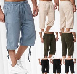 2021 Summer Men Cotton Linen Trousers Solid Casual Loose Elastic Waist Men039s Breathable Capris Pants Pantalones X06156409201