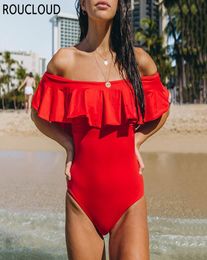 One Piece Swimsuit 2019 Sexy Off Shoulder Swimwear Women Push Up Monokini Bodysuit Black Red Ruffle Bathing Suit Swim Wear6988558