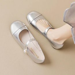 Casual Shoes Bright Silver Leather Mary Janes Women Ankle Strap Pearl Band Ballet Flats Sqaure Toe Soft Bottom Loafers Mules Big Size43