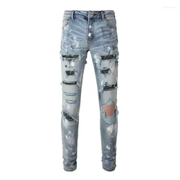 Men's Jeans EU Drip Light Blue Holes Stretch Crystals Streetwear Rhinestones Patchwork Come With Original Tags