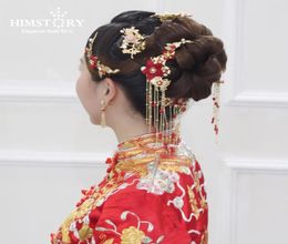 Traditional Chinese Bride Headdress Costume Hairclips Red Flower Hairpin Wedding Hairwear pography Hair Stick Accessory6367002