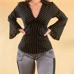 Women's Blouses Vintage Stripe Flared Sleeve Shirts Gothic Women Black Korean Style V Neck Lace Decorate Tops For Summer