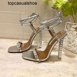 Aquazzura Aura High top Crystal quality decorative heeled sandal rhinestone -encrusted strap spool Heels sky-high heel for women summer luxury designers