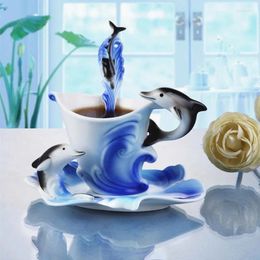 Mugs Exquisite Ceramic Cup Set Dolphin Pattern Porcelain Coffee Mug With Dish And Spoon Creative Tea Milk Cups For Friend Present