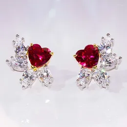 Stud Earrings Gemstone Solid S925 Sterling Silver Platinum Plated Ruby Heart Shape For Women Birthday Engagement Luxury Fine Jewelry