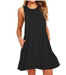 Women Tank Dress Pure Color Sleeveless Pocket Design Aline Dresses Casual Summer Clothing Dressing1628544
