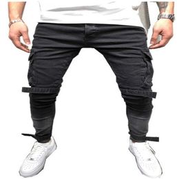 EBAIHUI Mens Black Denim Slim Fit Jeans Male Skinny Pencil Pants Casual Cargo Pants Trousers with Pockets Straps S4XL2743000