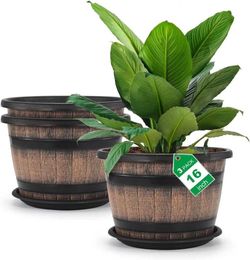 Planters Pots Quarut large plastic 3 pack 16 inch plant jars whiskey bucket plants with drain holes and sauce. Flower pots imitating wineQ240517